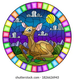 Illustration in stained glass style with a fawn on the background of green meadows and cloudy night sky with moon , round image in bright frame 