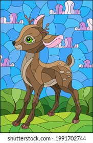 Illustration in stained glass style with a fawn on the background of green meadows, mountains and cloudy sky