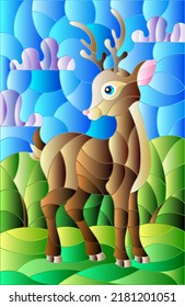 Illustration in stained glass style with a fawn on the background of green meadows and cloudy sky