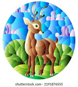 Illustration in stained glass style with a fawn on the background of green meadows and cloudy sky, oval image