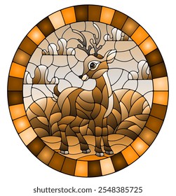 Illustration in stained glass style with a fawn on the background of meadows and cloudy sky, oval image in frame, tone brown