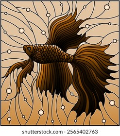 Illustration in stained glass style with fighting fish on the background of water and air bubbles, tone brown