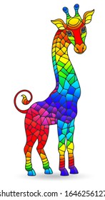 Illustration in stained glass style with figure of abstract rainbow giraffes, isolated on a white background