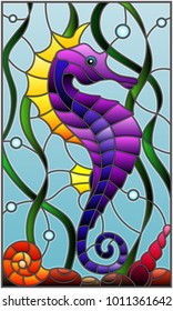 Illustration in stained glass style with a  fish seahorse
 on the background of water and algae