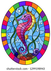 Illustration in stained glass style with a  fish seahorse on the background of water and algae,oval picture frame in bright