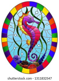 Illustration in stained glass style with a  fish seahorse on the background of water and algae,oval picture frame in bright