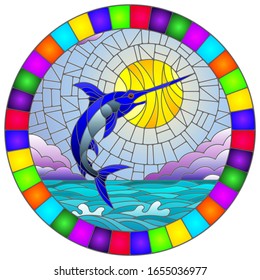 Illustration in stained glass style with a fish swordfish on the background of water ,cloud, sky and sun, round image in a bright frame