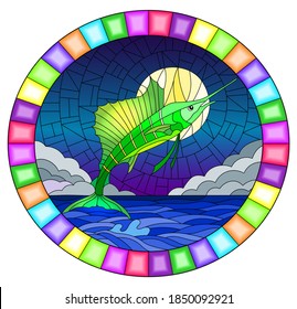 Illustration in stained glass style with a fish sailboat on the background of water ,cloud, night sky and moon, oval image in bright frame