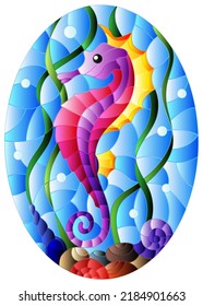 Illustration in stained glass style with a  fish seahorse on the background of water and algae,oval picture 