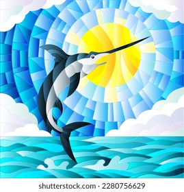 Illustration in stained glass style with a fish swordfish on the background of water ,cloud, sky and sun