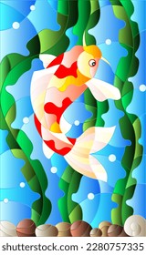 Illustration in stained glass style with a  fish carp  on the background of water and algae