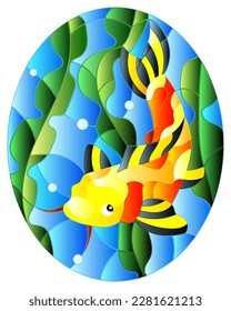 Illustration in stained glass style with a  fish carp koi  on the background of water and algae, oval image 