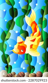 Illustration in stained glass style with a  fish carp  on the background of water and algae