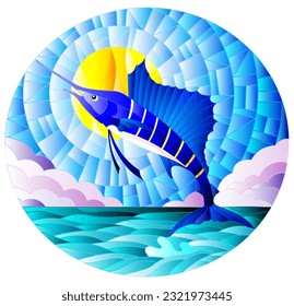 Illustration in stained glass style with a fish sailboat on the background of water ,cloud, sky and sun, oval image