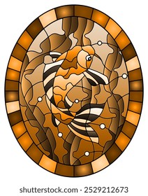 Illustration in stained glass style with a  fish carp koi  on the background of water and algae, oval image in frame, tone brown