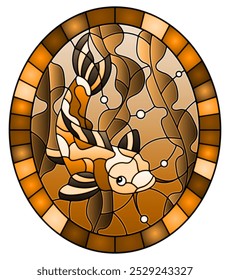 Illustration in stained glass style with a  fish carp koi  on the background of water and algae, oval image in frame, tone brown