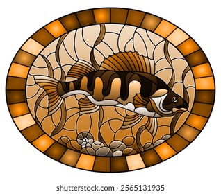 Illustration in stained glass style with a  fish perch on the background of water and algae, oval image in frame, tone brown