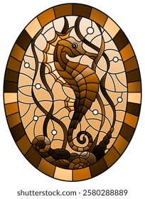 Illustration in stained glass style with a fish seahorse on the background of water and algae,oval picture , tone brown