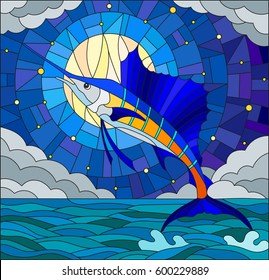 Illustration in stained glass style with a fish sailboat on the background of water ,cloud, sky ,star and moon