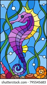 Illustration in stained glass style with a  fish seahorse
 on the background of water and algae