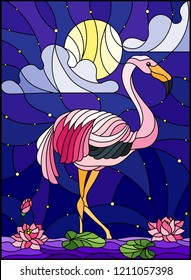 Illustration in stained glass style with  Flamingo , Lotus flowers and reeds on a pond in the moon, starry sky and cloud