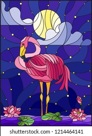 Illustration in stained glass style with  Flamingo , Lotus flowers and reeds on a pond in the moon, starry sky and cloud