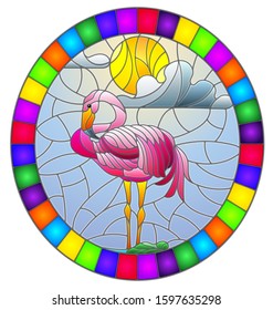 Illustration in stained glass style with Flamingo a pond in the sun, sky and clouds, oval image in bright frame