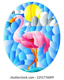 Illustration in stained glass style with Flamingo a pond in the sun, sky and clouds, oval image