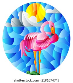 Illustration in stained glass style with Flamingo a pond in the sun, sky and clouds, oval image 