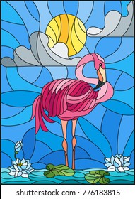 Illustration in stained glass style with Flamingo , Lotus flowers and reeds on a pond in the sun, sky and clouds