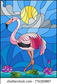 Illustration in stained glass style with Flamingo , Lotus flowers and reeds on a pond in the sun, sky and clouds