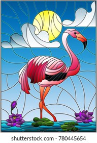 Illustration in stained glass style with Flamingo , Lotus flowers and reeds on a pond in the sun, sky and clouds