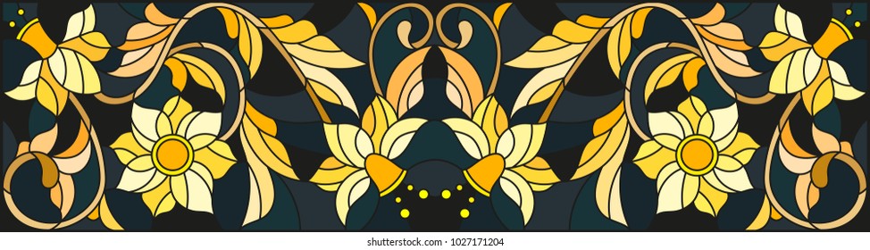 Illustration in stained glass style with floral ornament ,imitation gold on dark background with swirls and floral motifs