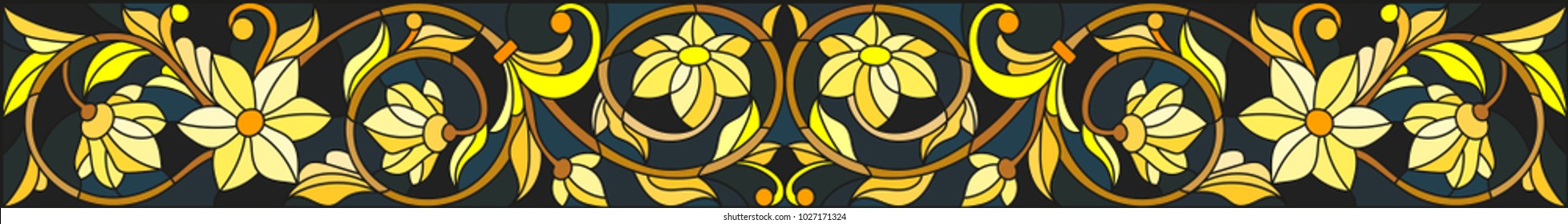 Illustration in stained glass style with floral ornament ,imitation gold on dark background with swirls and floral motifs