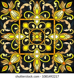 Illustration in stained glass style with floral ornament ,imitation gold on dark background with swirls and floral motifs