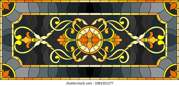 Illustration in stained glass style with floral ornament ,imitation gold on dark background with swirls and floral motifs