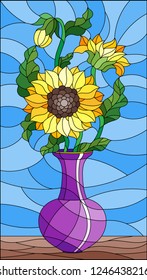 Illustration in stained glass style with floral still life, a bouquet of sunflowers in a purple vase on a blue background