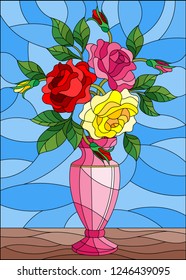 Illustration in stained glass style with floral still life, colorful bouquet of roses in a pink vase on a blue background