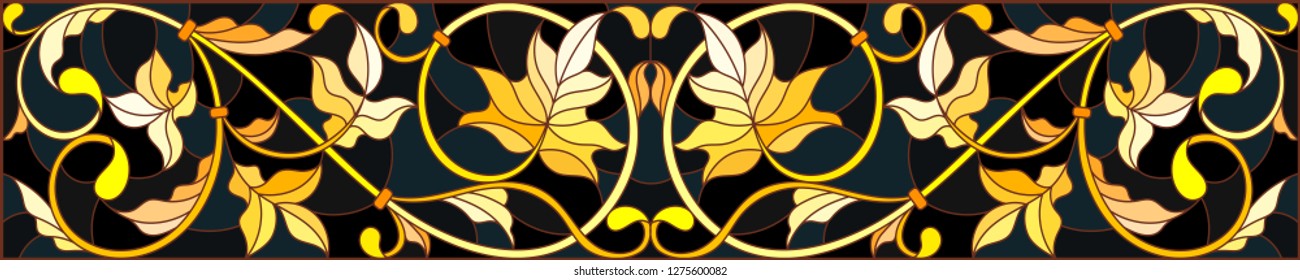 Illustration in stained glass style with floral ornament ,imitation gold on dark background with swirls and floral motifs