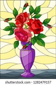 Illustration in stained glass style with floral still life, colorful bouquet of red  roses in a purple vase on a yellow  background