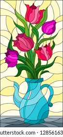 Illustration in stained glass style with floral still life, bouquet of  pink Tulips in a blue  vase on a yellow  background