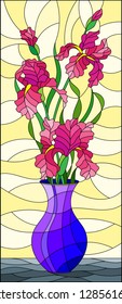 Illustration in stained glass style with floral still life,  bouquet of pink  irises in a blue  vase on a yellow  background