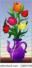 Illustration in stained glass style with floral still life, colorful bouquet of Tulips in a purple vase on a blue background