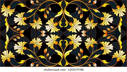 Illustration in stained glass style with floral ornament ,imitation gold on dark background with swirls and floral motifs