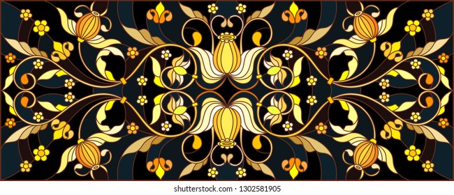 Illustration in stained glass style with floral ornament ,imitation gold on dark background with swirls and floral motifs