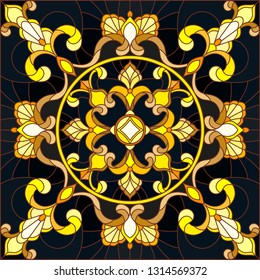 Illustration in stained glass style with floral ornament ,imitation gold on dark background with swirls and floral motifs