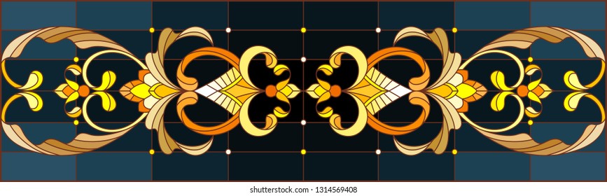 Illustration in stained glass style with floral ornament ,imitation gold on dark background with swirls and floral motifs