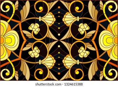 Illustration in stained glass style with floral ornament ,imitation gold on dark background with swirls and floral motifs