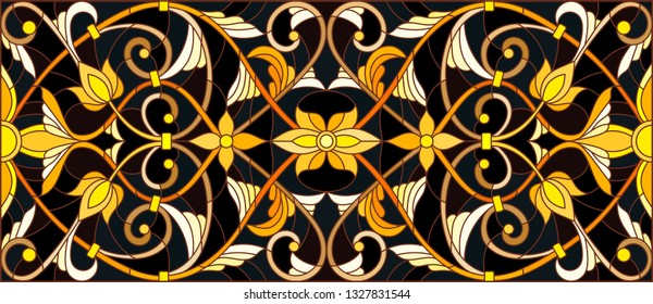 Illustration in stained glass style with floral ornament ,imitation gold on dark background with swirls and floral motifs
