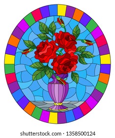 Illustration in stained glass style with floral still life,  bouquet of red  roses in a purple vase on a blue  background,oval image in bright frame